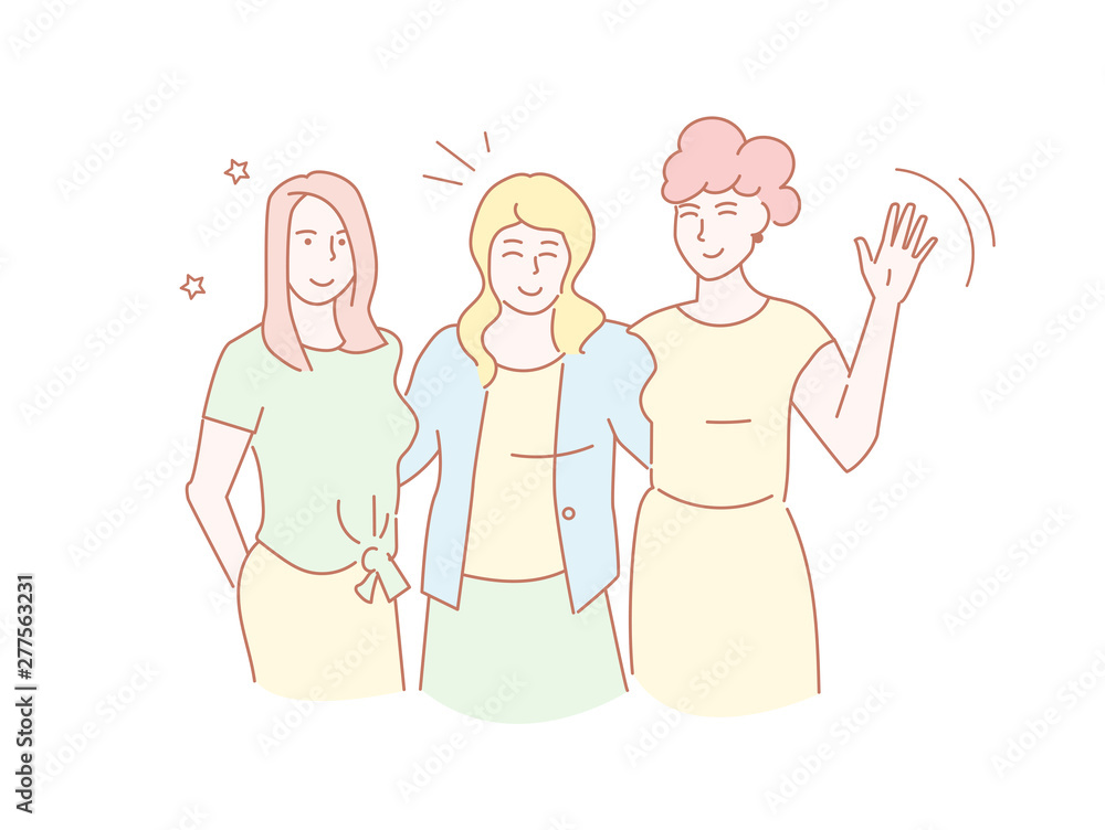 Three female friends arm in arm Hugging, friendship Vector. Line art