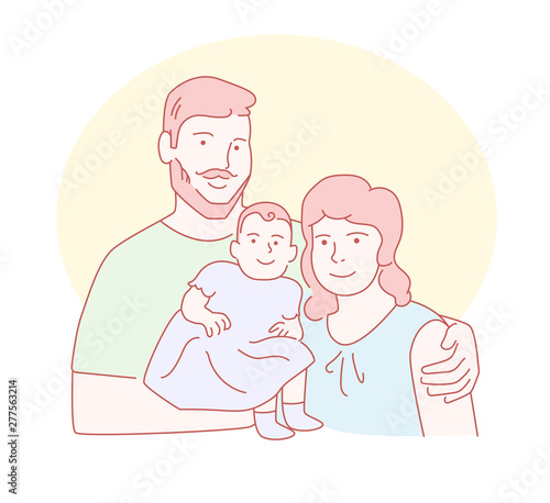 Family. Mom, dad nddaughter Vector. Line art. Isolated art on white background. Flat