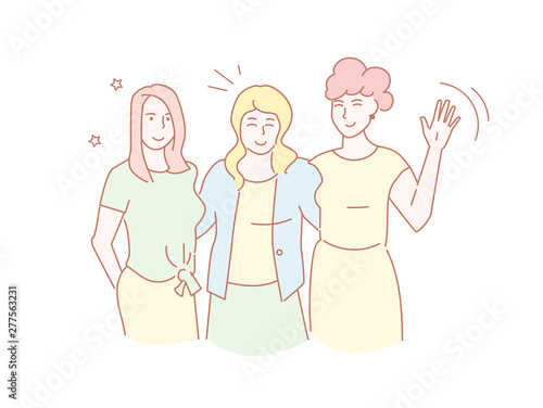 Three female friends arm in arm Hugging, friendship Vector. Line art Isolated art on white background. Flat