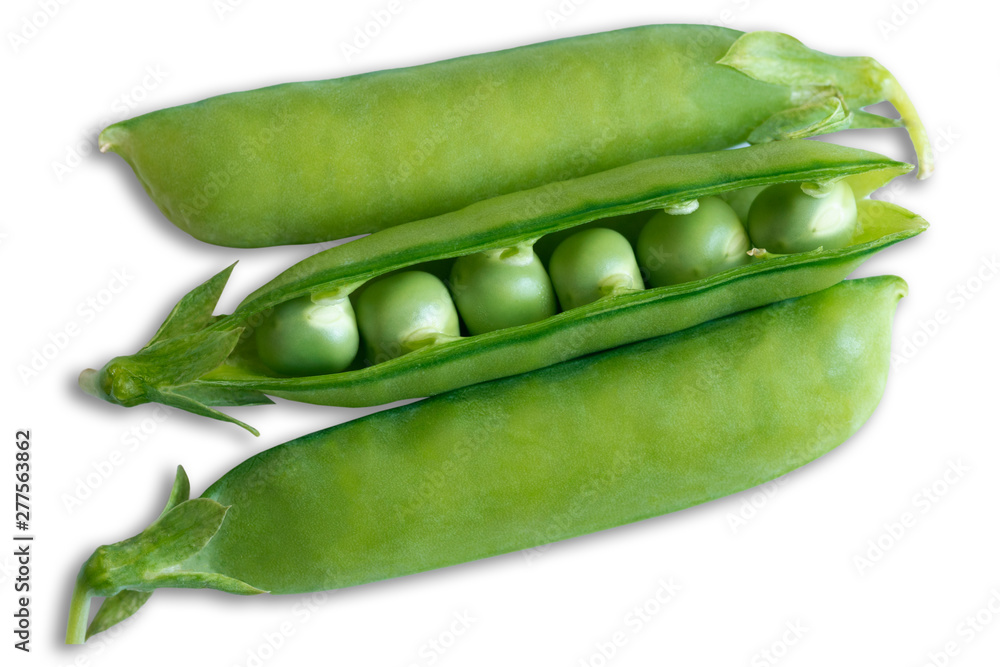 green pea pods with open pod and peas on white background green pea pods with open pod and peas on white background