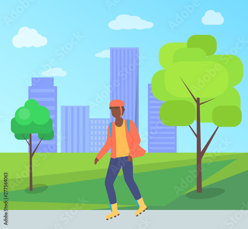 Man wearing helmet, person character going on rollerblades in city park with bench and trees. Boy rollerblading in casual clothes, urban activity vector