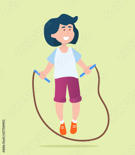 Active lifestyle of small child vector, smiling kid with jumping rope weight loss and straightening of body, bodybuilding and fitness activity of character