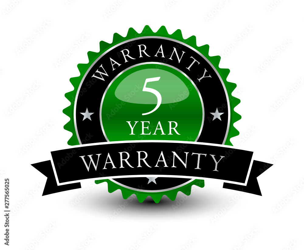 Green powerful, reliable emblem seal 5 year warranty badge with black ...