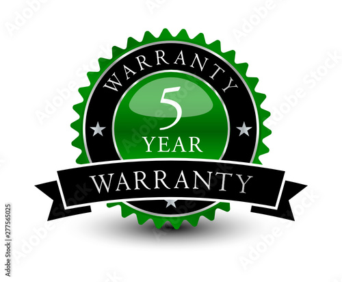 Green powerful, reliable emblem seal 5 year warranty badge with black ribbon on top. photo