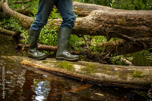 A man in rubber boots walks along a fallen tree. Crossing the forest river. Outdoor activities, fishing, hunting and hiking. Travel and adventure. Waterproof footwear for country walks and work.