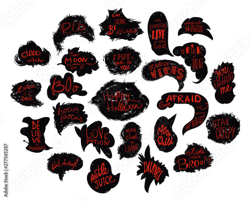 Happy Halloween. Grunge speech bubbles with Halloween quotes lettering set. Design elements, logos, badges, labels, stickers. Hand drawn vector illustration