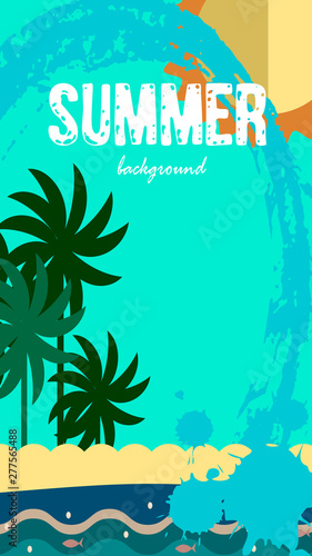 Vector set of social media stories templates. Summer bright tropical backgrounds with fruits, palms, flamingo, toucan, ice creams, beach.