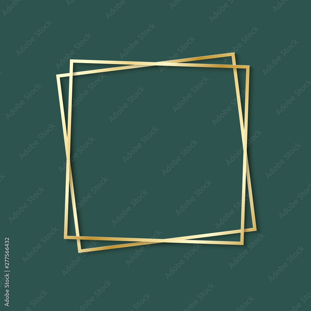 Paper cut gold frame with realistic shadow. Two golden inclined square frames lie one on another. Vector card illustration with place for selling advertising text. 3d banner on green background Paper cut gold frame with realistic shadow. Two golden inclined square frames lie one on another. Vector card illustration with place for selling advertising text. 3d banner on green background
