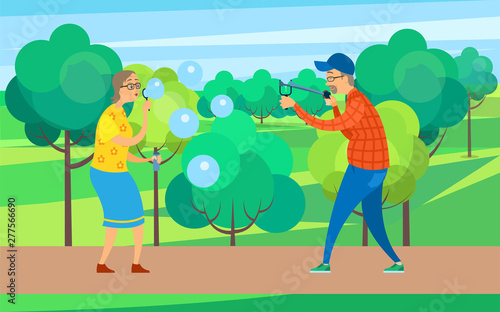 Woman blowing soap bubbles vector, grandmother and grandfather in park surrounded by trees and bushes, man with slingshot childish pensioners seniors