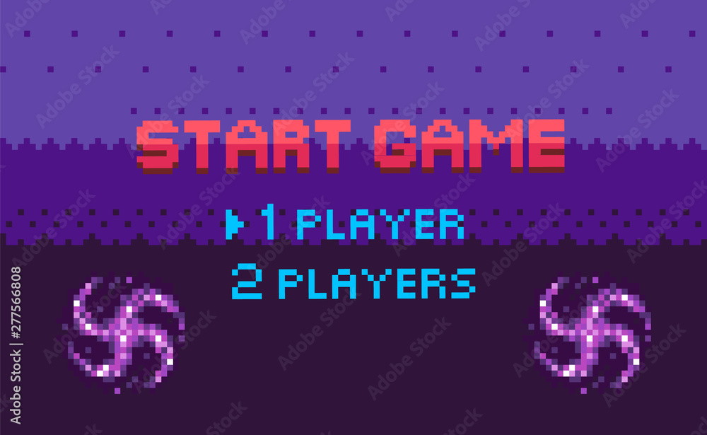 Start game, choose player, space pixel game in purple color decorated