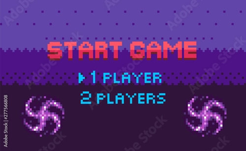 Start game, choose player, space pixel game in purple color decorated by stars, screen of war video-game with wye sign, shine element, adventure vector, menu for pixelated app games