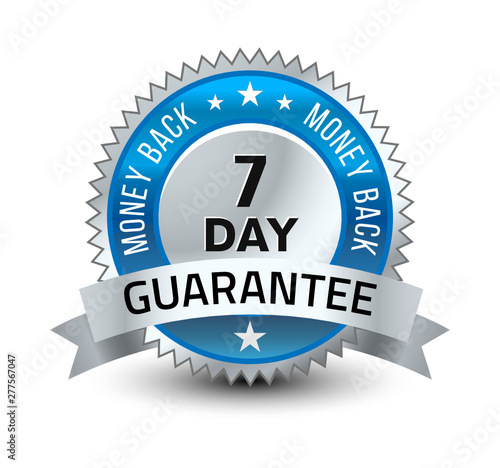 Blue and silver color combined powerful 7 day money back guarantee badge/seal with ribbon.