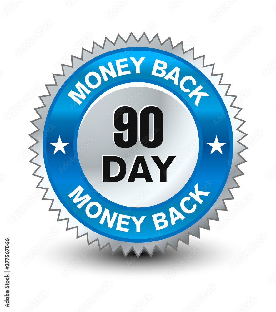Blue and silver color combined powerful 90 day money back guarantee badge/seal. Blue and silver color combined powerful 90 day money back guarantee badge/seal.