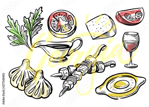 Hand drawn Georgian food menu on white background