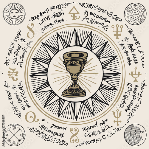Vector banner on the theme of mysticism, magic, religion and the occultism. Hand drawn illustration of a Grail and other esoteric and masonic symbols on the background of an old illegible manuscript