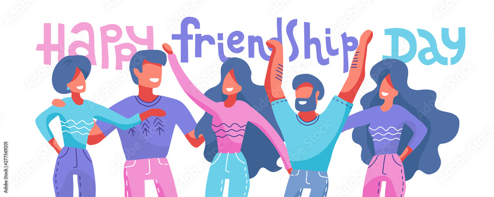 Fototapeta premium Happy friendship day web banner with diverse friend group of people hugging together for special event celebration. Vector flat hand drawn illustration with lettering quote