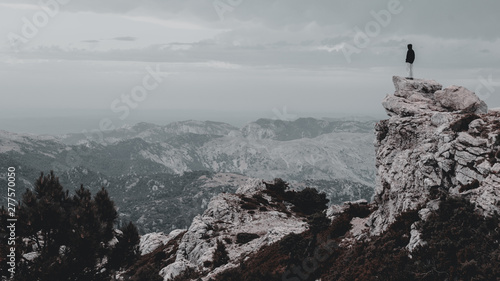 Man with hood looking at the horizon in a mountain landscape © pedro