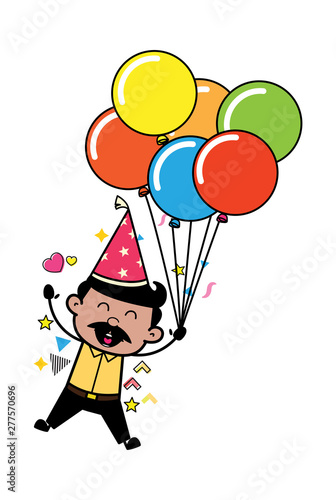 Holding Balloons and Jumping in Excitement - Indian Cartoon Man Father Vector Illustration