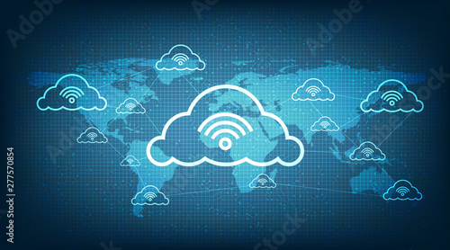 Digital Network Connecting With Clouds on Global Technology background,Cloud Computing concept.