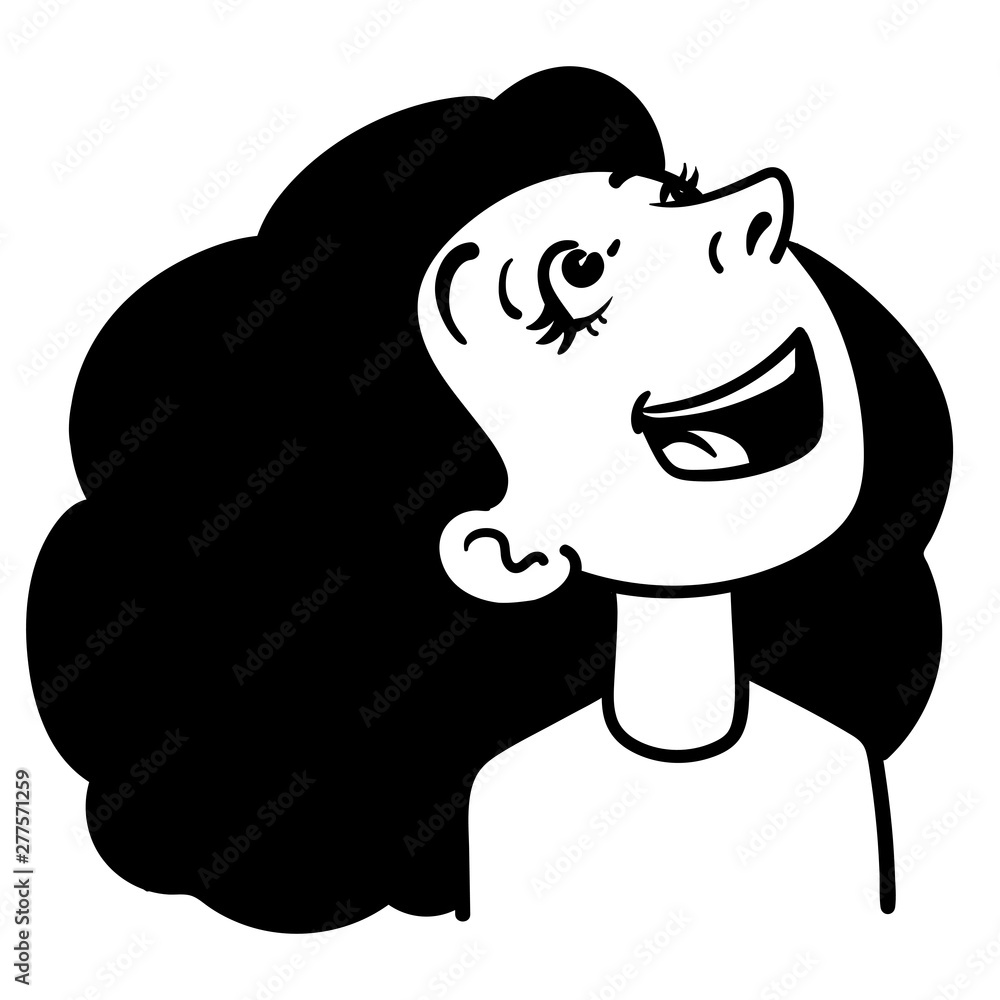 Vector comic drawing of a black-haired woman who laughs and looks up in the air. outline, sketch, doodle, ink, character, isolated, black, white.