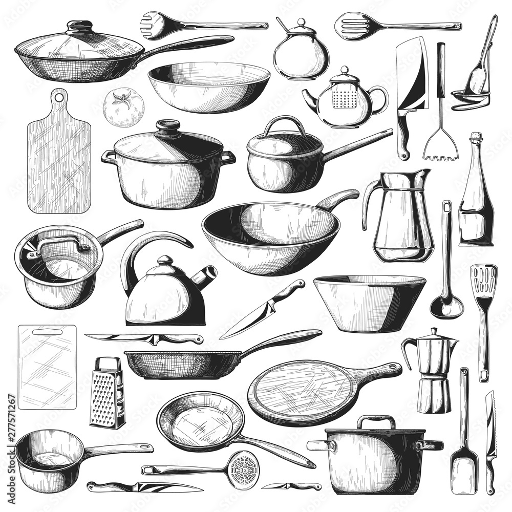 Realistic sketch of tableware. Big set of dishes. Realistic sketch of tableware. Big set of dishes.