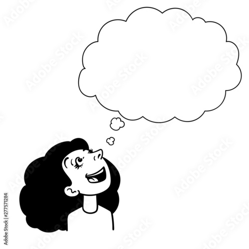 Vector comic drawing of a black-haired woman who laughs and looks up in the air. bubble, layout, outline, sketch, doodle, ink, character, isolated, black, white.