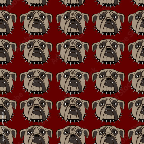 Decorative endless ornament with muzzle of a dog in a row on red backdrop.