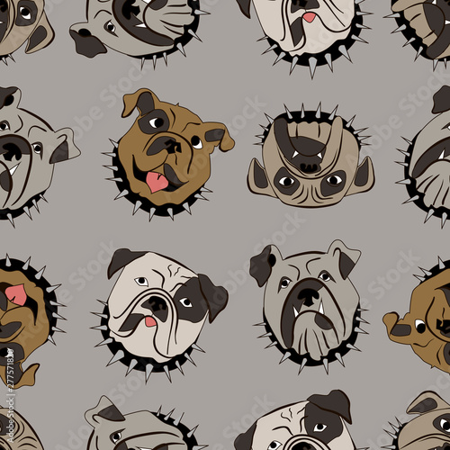 Decorative endless ornament with chaotic muzzle of a dog on gray backdrop.