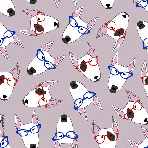 Nice endless ornament with chaotic white muzzle of a dog with glasses on pink backdrop.