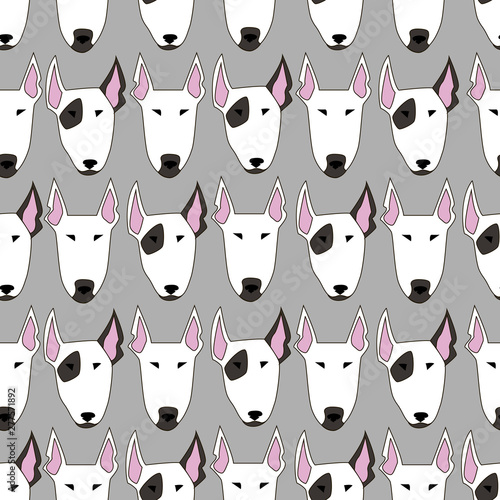 Nice endless ornament with white muzzle of a dog in a row on gray backdrop.
