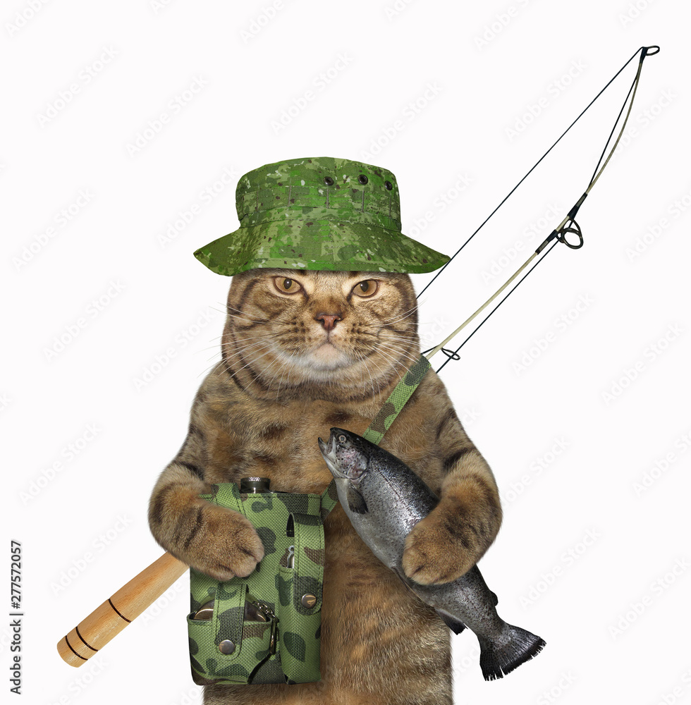 The cat fisher in uniform with a fishing rod and a bag is holding a fish.  White background. Isolated. Stock Photo | Adobe Stock