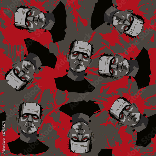 Decorative horror seamless pattern with Frankenstein and blood splatter on gray backdrop.