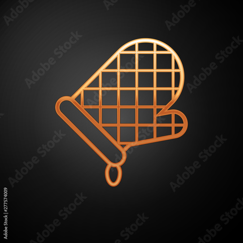 Gold Oven glove icon isolated on black background. Kitchen potholder sign. Cooking glove. Vector Illustration