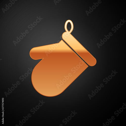 Gold Oven glove icon isolated on black background. Kitchen potholder sign. Cooking glove. Vector Illustration