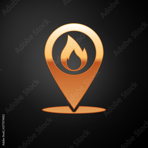 Gold Map pointer with fire flame icon isolated on black background. Fire nearby. Vector Illustration