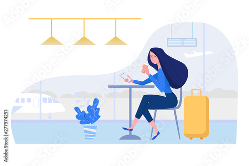 Woman at the airport sitting in cafe with suitcase, mobile phone and coffee. Female vector character illustration in flat style