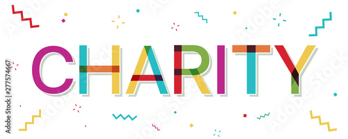 "Charity" colorful text with confetti