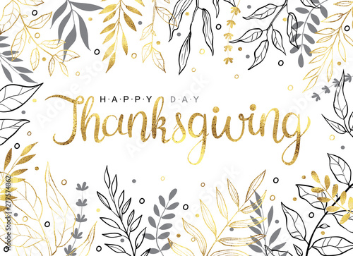 Happy thanksgiving text with hand drawn autumn leaves and branches isolated on white background.