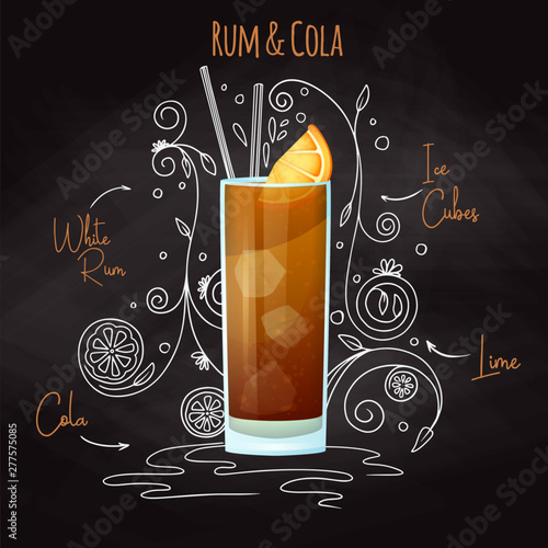 Simple recipe for an alcoholic cocktail Rum Cola. Drawing chalk on a blackboard. Vector