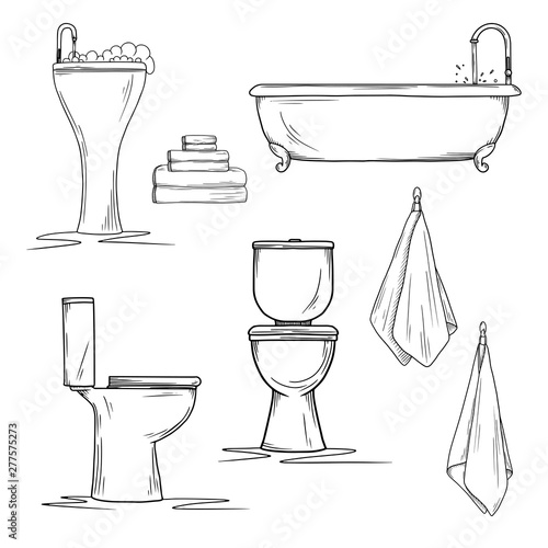 Hand drawn bathroom interior elements. Toilet and washbasin, bath and towels.