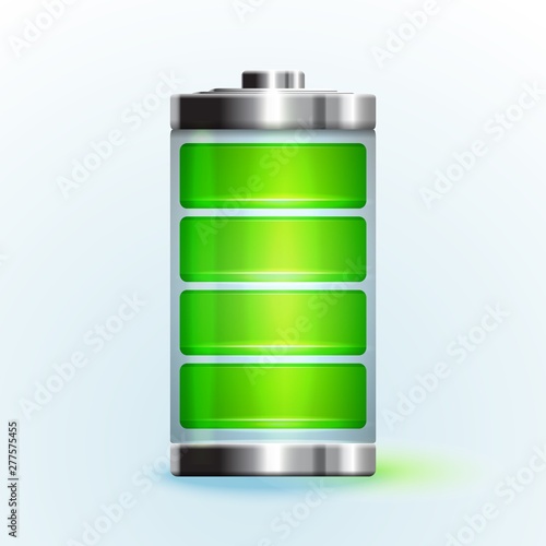 Fully charged green battery. Concept of power and energy. Accumulator indicator vector icon of power level
