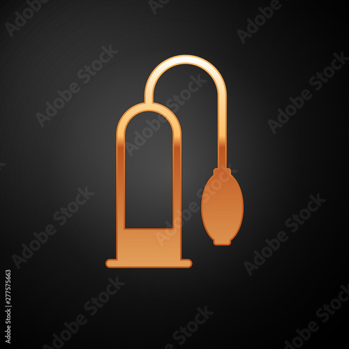 Gold Penis pump icon isolated on black background. Penis enlarger. Sex toy for men. Vacuum pump with a blower to increase the penis. Vector Illustration