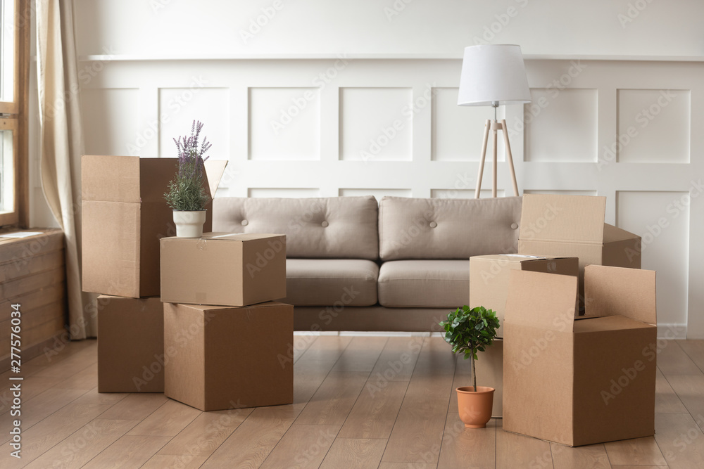 Moving day concept, cardboard boxes in modern house living room Moving day concept, cardboard boxes in modern house living room