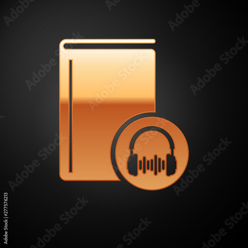 Gold Audio book icon isolated on black background. Book with headphones. Audio guide sign. Online learning concept. Vector Illustration