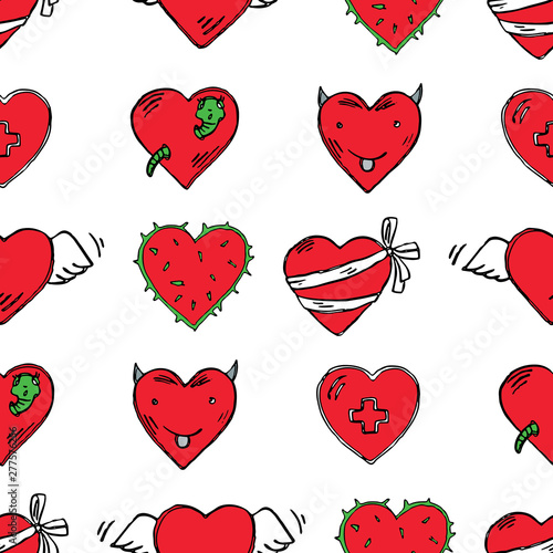 Seamless pattern of cartoon drawn hearts in different states