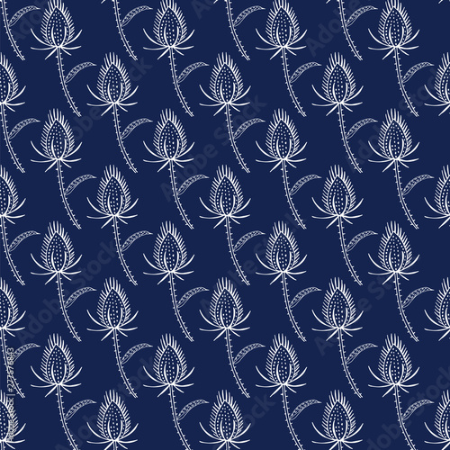 Foto Seamless pattern of wild teasels on a navy background.