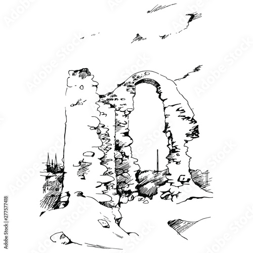 Hand drawn sketch of a ruined fortress. Livonian Order castle in Rēzekne, Latvia.