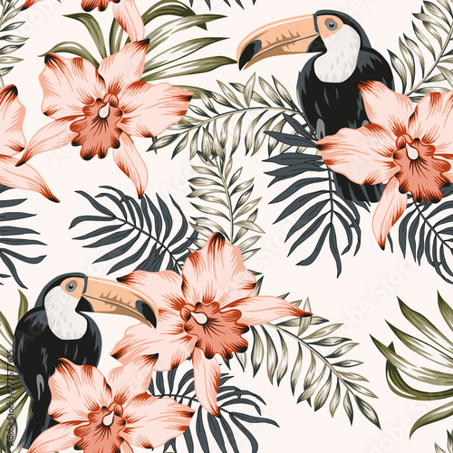 Toucans, pink orchid flowers, palm leaves bouquets background. Vector floral seamless pattern. Tropical illustration. Exotic plants, birds. Summer beach design. Paradise nature