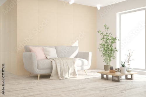 Stylish room in white color with sofa. Scandinavian interior design. 3D illustration © AntonSh