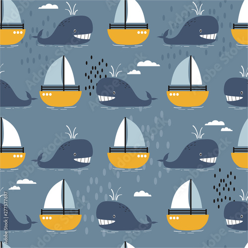 Happy whales and boats  hand drawn seamless pattern. Marine background vector. Colorful illustration  overlapping backdrop. Decorative cute wallpaper  good for printing